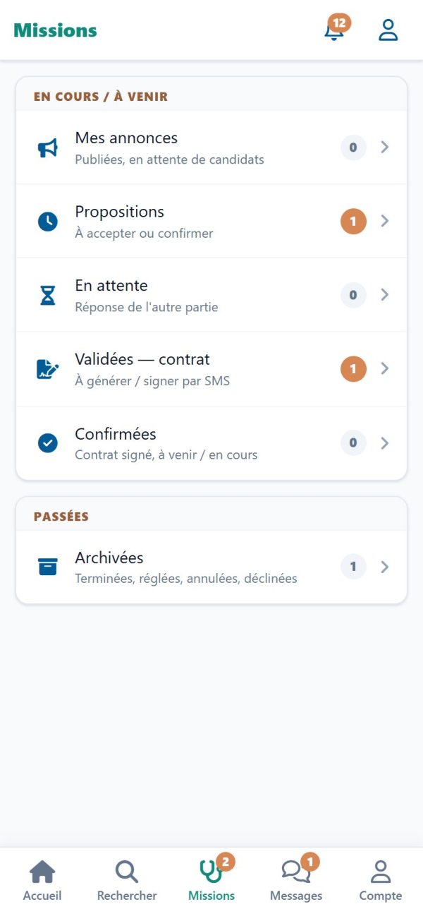 Écran des missions de l'application, avec le tutoriel