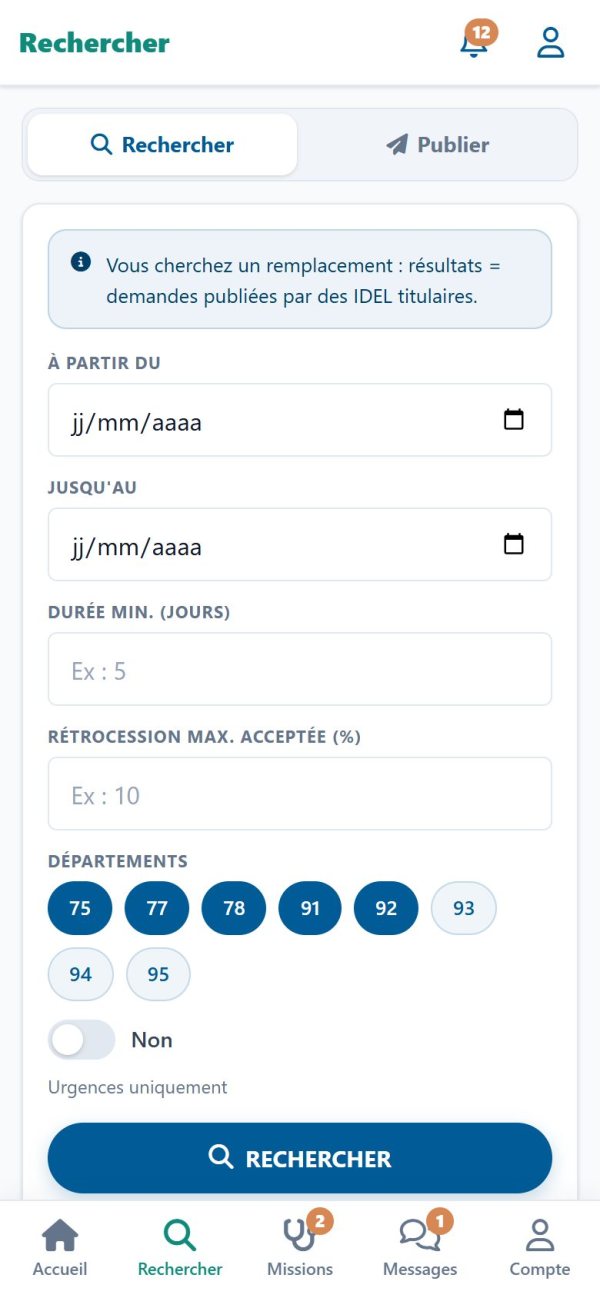 Écran de recherche de l'application, avec le tutoriel